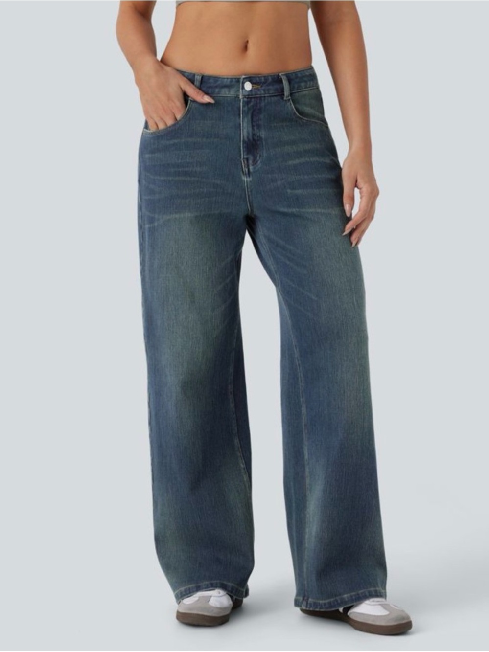 Halara Flex™ Low Rise Pockets Baggy Wide Leg Washed Casual Jeans